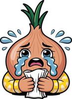 An onion crying with a tissue vector