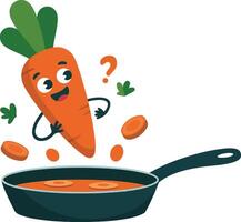 Cartoon carrot with question mark and spoon in pan vector