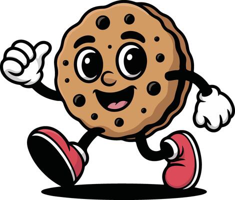 A cartoon chocolate chip cookie running with one hand up