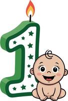 A cartoon baby with a green candle and number one vector