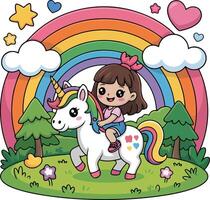 Cartoon girl riding on unicorn in the field with rainbow vector