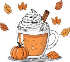 a cup of coffee with whipped cream and pumpkin leaves vector