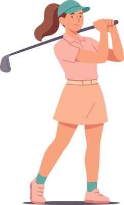 a woman in a pink skirt and a cap is playing golf