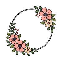 Floral wreath with pink and cream flowers, green leaves, and red berries on a white background vector