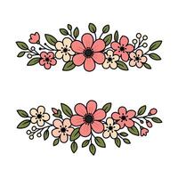 Floral frame with pink and cream blossoms, green leaves, and black outlines on a white background vector