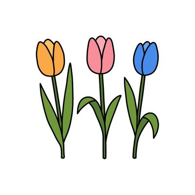 Three stylized tulips in orange, pink, and blue with black outlines on a white background