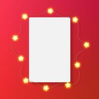 Rectangular card decorated with light garland. Picture frame on red bg, star shape bulbs glow. Vertical print mockup, festive ornate xmas decor. Luxury festoon border for art, product poster box vector