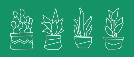Set of Four Potted Plants in White Line Art Icon Style of Cactus, Succulent, Tall Leaf Plant, and Tropical Pot vector