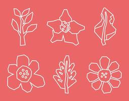 White Line Art Flowers and Leaves Icon Set in Cutout and SimpleStyle vector