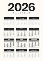 Black and white 2026 monthly calendar planner with clean a4 printable layout vector