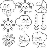 Weather icons set with cute cartoons. Sun, moon, clouds characters in different seasons. Rain, snow and sunshine. Hot and cold temperature. Black and white coloring page vector
