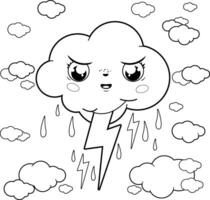 Cartoon cute angry cloud and lightning, raining at the sky. Stormy cloud character raining and thunder. Rainy weather in autumn and winter season. Black and white coloring page vector