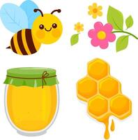Honey collection with honey jar, honeycomb, flowers and a cute bee character. Organic sweet natural honey in container. vector