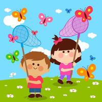Children catch butterfly in spring nature. Two kids, a girl and a boy in a meadow in sunny day playing with butterfly nets and catching butterflies. vector