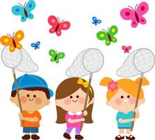 Children with butterfly nets catching butterflies. Boy and girl catch butterfly in spring nature. vector
