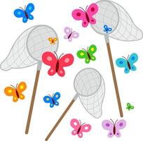 Butterfly nets catching butterflies on white background. Butterfly net collecting pretty colorful butterflies. Happy outdoor activity in nature. vector