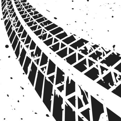 Tire tracks in grunge style with torn edges and mud fragments. Decorative element or composition with dynamics. Grunge road. Pattern.