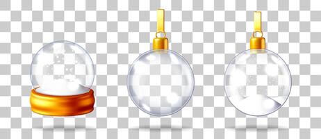 Empty glass snow globe on golden stand and two clear christmas balls with snow inside, 3d illustration. vector