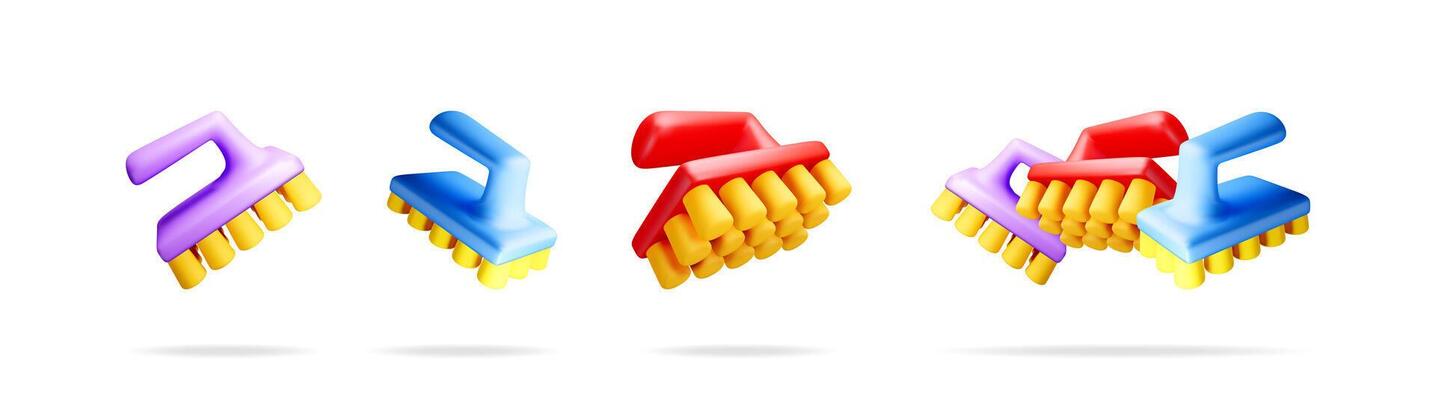 Cleaning brush 3d icons set. Home hygiene tools