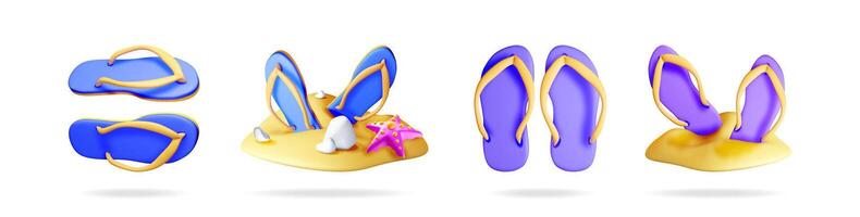 Set of 3d flip flop sandals in various views vector