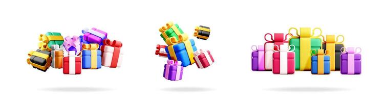 Set of colorful 3d stock illustration of gift boxes with various bows and arrangements for holiday celebration or retail promotion. vector