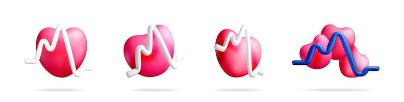 Four abstract pink hearts with ECG lines vector