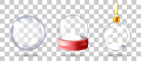Set of realistic 3d snow globes. Glass sphere with snow and a transparent christmas tree ornament. Winter holiday season and New Year decoration concept. vector