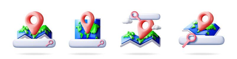 3d illustrations of map icons with search bars vector
