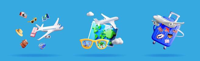 Set of 3D renderings featuring travel elements vector