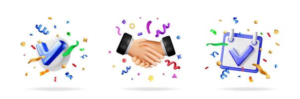 Colorful celebration icons with checkmark and handshake vector