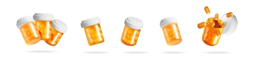 3d set collection of orange pill bottles vector