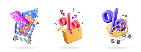 Set of 3d commerce elements with shopping cart. vector