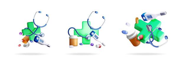 3d cross with stethoscope, thermometer, and pills vector