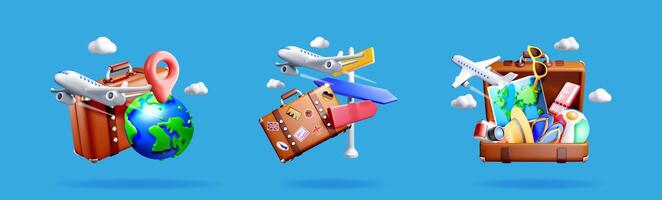 Global travel concept with suitcase, airplane vector