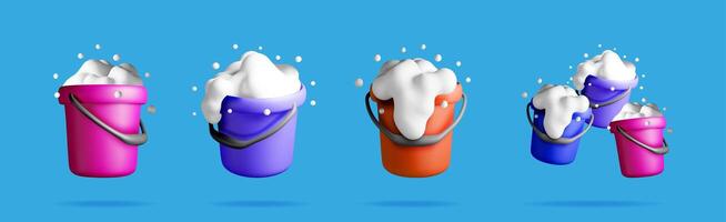 Set of 3d buckets with white soapy foam vector