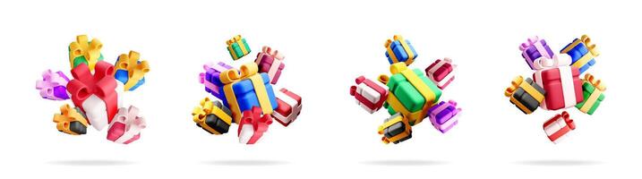 A delightful 3d stock illustration set collection of colorful gift box groups floating in different arrangements for festive designs. vector