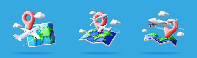 3D map with location pin and airplane vector