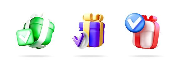 Three 3d gift boxes with checkmark icons vector