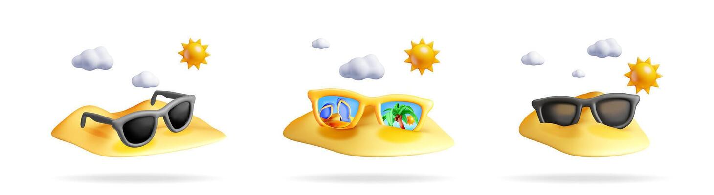 Sunglasses on sand with sun and cloud