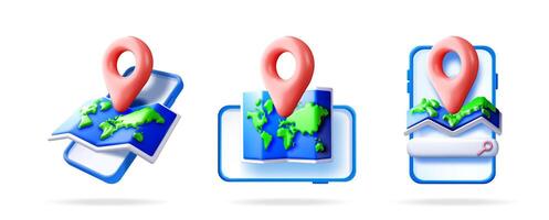 Set of 3d map with red pin on mobile phone vector
