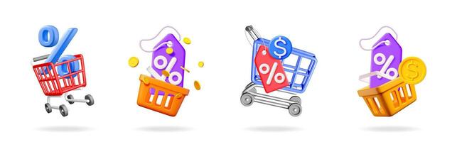 3d commerce elements with shopping cart vector