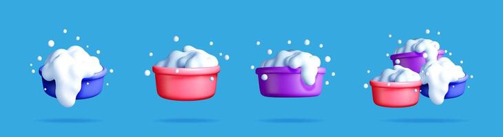 3D various colorful bowls with thick soap foam vector