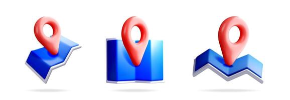 3d blue map folded with red map pointer vector