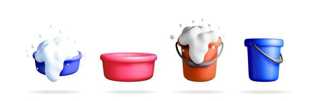 A set of realistic 3d cleaning buckets and basins vector