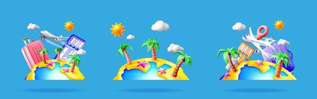 Set of 3d travel element with island, palm tree vector