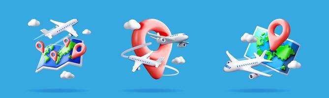 Airplane flying around map pointer and globe vector