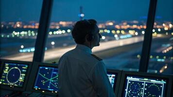 Air traffic controller night radar screen airport uniform headset control tower runway Flight disruption concept photo
