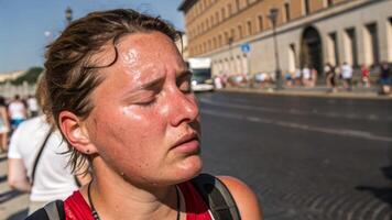 Woman sweat heat exhaustion summer outdoor tired dehydration woman with sweaty face shows signs of heat. Heat stroke concepts photo