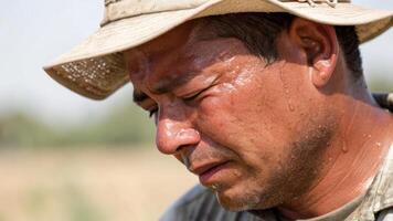 Sweat heat exhaustion dehydration outdoor summer male hat fatigue sunlight tired face agriculture sun. Heat stroke concepts photo