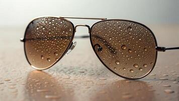Sunglasses water droplet reflection brown metal closeup wet surface create moody atmosphere. Heat stroke concepts photo